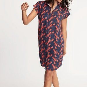 OLD Navy Lobster Print Button Front  Linen Blend Shirt Dress L